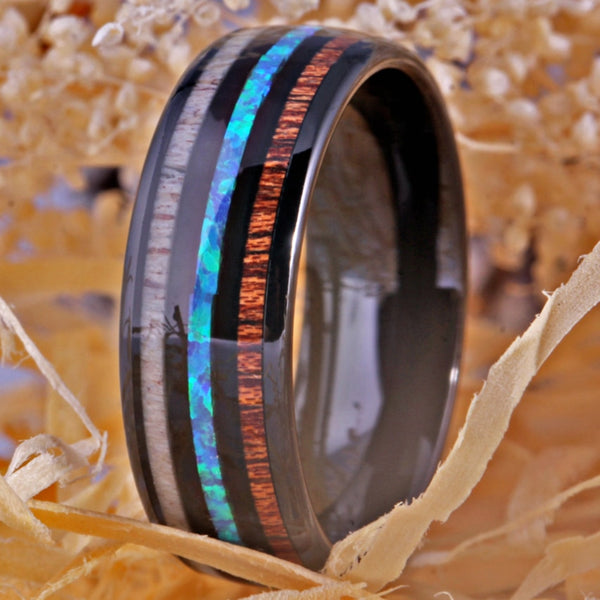 Men's 8mm Wood Fire and Opal Gunmetal Inlay Gunmetal Inner Tungsten Carbide Ring