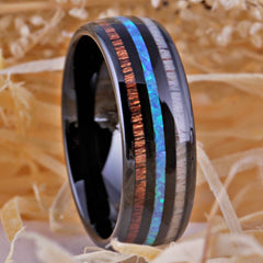 Men's 8mm Wood Fire and Opal Gunmetal Inlay Gunmetal Inner Tungsten Carbide Ring