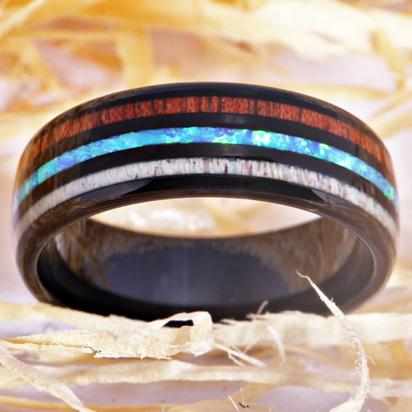 Men's 8mm Wood Fire and Opal Gunmetal Inlay Gunmetal Inner Tungsten Carbide Ring