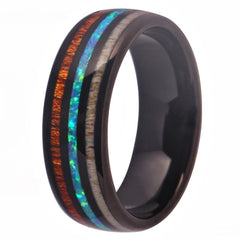 Men's 8mm Wood Fire and Opal Gunmetal Inlay Gunmetal Inner Tungsten Carbide Ring