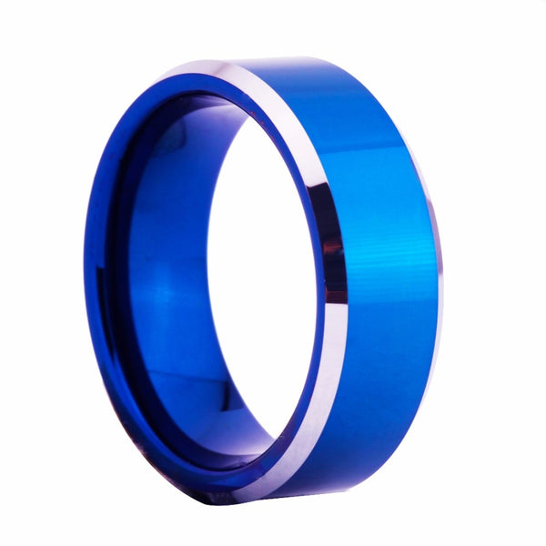 Men's 8mm Polished Bevel Blue Tungsten Carbide Ring