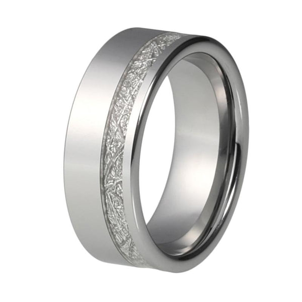Men's 8mm Offset Meteorite Inlay Flat Brushed Silver Tungsten Carbide Ring