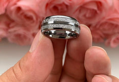 Men's 8mm Meteorite Inlay Polished Silver Tungsten Carbide Ring