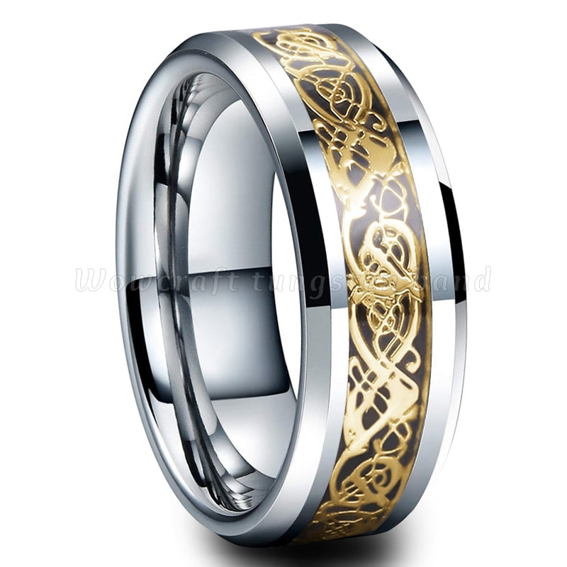 Men's 8mm Gold Celtic Dragon Inlay Polished Silver Tungsten Carbide Ring