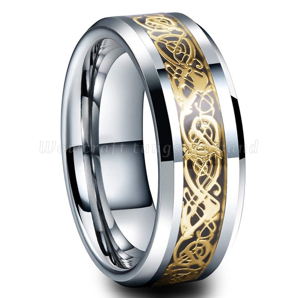 Men's 8mm Gold Celtic Dragon Inlay Polished Silver Tungsten Carbide Ring
