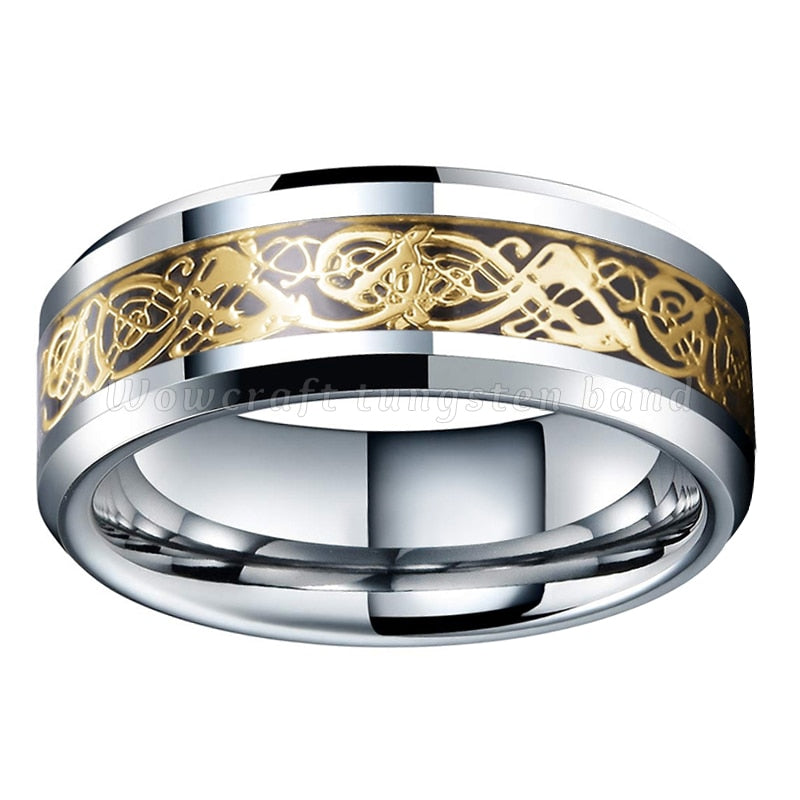Men's 8mm Gold Celtic Dragon Inlay Polished Silver Tungsten Carbide Ring