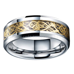 Men's 8mm Gold Celtic Dragon Inlay Polished Silver Tungsten Carbide Ring