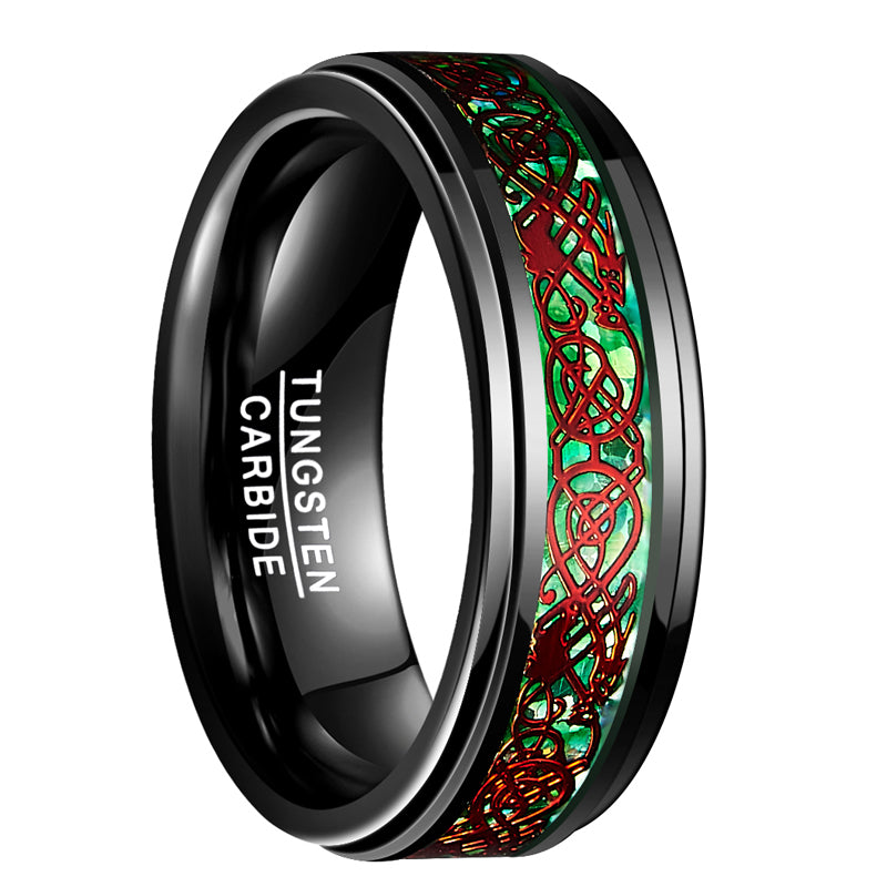 Men's 8mm Green and Red Dragon Gun Metal Tungsten Carbide Ring