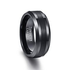 Men's 8mm Black Tungsten Carbide Brushed Center Beveled Edge Ring