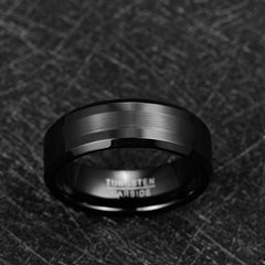 Men's 8mm Black Tungsten Carbide Brushed Center Beveled Edge Ring