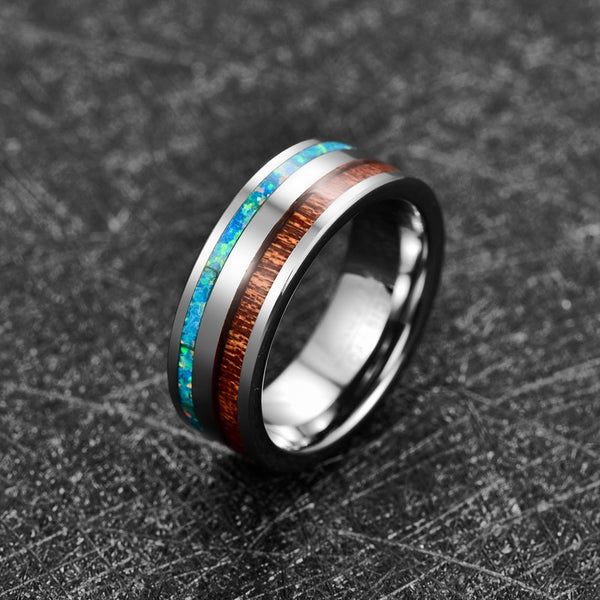 Men's 8mm Green Opal and Acacia Wood Silver Tungsten Carbide Ring
