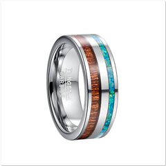 Men's 8mm Green Opal and Acacia Wood Silver Tungsten Carbide Ring
