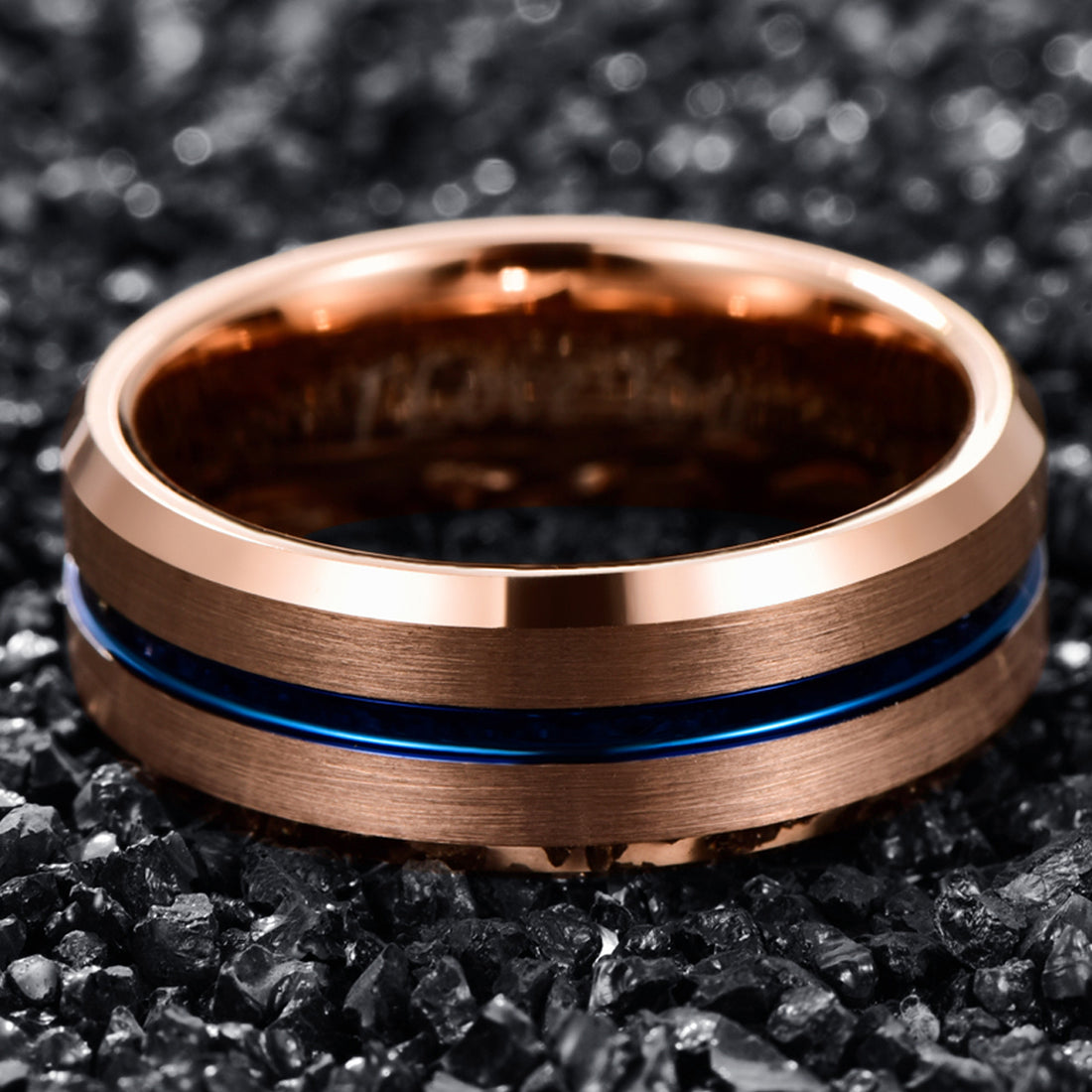 Men's 8mm Rose Gold Blue Groove Inner Tungsten Carbide Ring