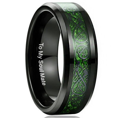 Men's 8mm Green Dragon Black Tungsten Carbide Ring