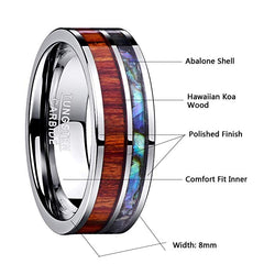 Men's 8mm Inlay Wood and Opal Polished Tungsten Carbide