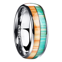 Men's 8mm Inlaid Orange and Green Wood Polished Tungsten Carbide Ring