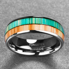Men's 8mm Inlaid Orange and Green Wood Polished Tungsten Carbide Ring