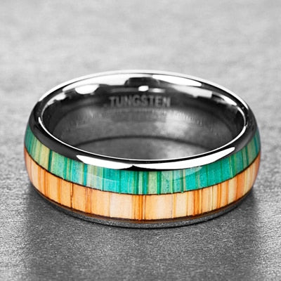 Men's 8mm Inlaid Orange and Green Wood Polished Tungsten Carbide Ring