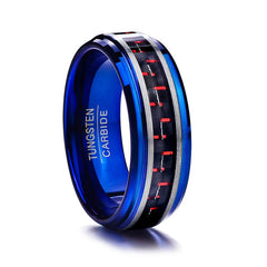 Men's 8mm Inlaid Red Carbon Fiber Blue Tungsten Carbide Ring