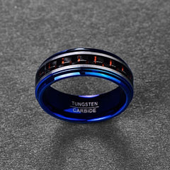 Men's 8mm Inlaid Red Carbon Fiber Blue Tungsten Carbide Ring