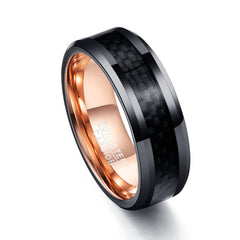 Men's 8mm Inlaid Black Carbon Fiber Rose Gold Inner Tungsten Carbide Ring