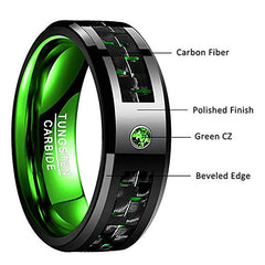 Men's 8mm Green Carbon Fiber and Green CZ Inner Tungsten Carbide Ring