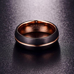 Men's 8mm Frosted Black and Center Rose Gold Channel Tungsten Carbide Ring