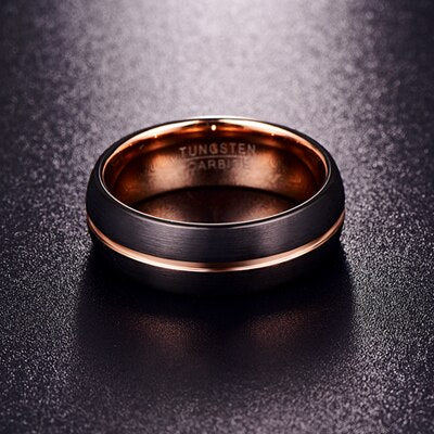 Men's 8mm Frosted Black and Center Rose Gold Channel Tungsten Carbide Ring