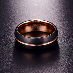 Men's 8mm Frosted Black and Center Rose Gold Channel Tungsten Carbide Ring