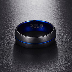 Men's 8mm Frosted Black and Center Blue Channel Tungsten Carbide Ring
