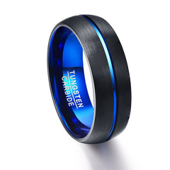 Men's 8mm Frosted Black and Center Blue Channel Tungsten Carbide Ring