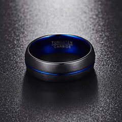 Men's 8mm Frosted Black and Center Blue Channel Tungsten Carbide Ring