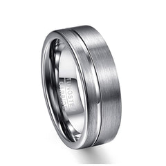 Men's 8mm Brushed Silver Offset Groove Tungsten Carbide Ring