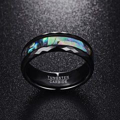 Men's 8mm Abalone Shell & Polished Black Faceted Tungsten Carbide Ring