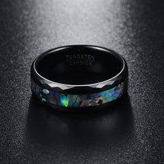 Men's 8mm Abalone Shell & Polished Black Faceted Tungsten Carbide Ring