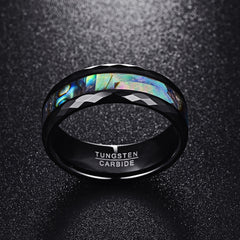 Men's 8mm Abalone Shell & Polished Black Faceted Tungsten Carbide Ring