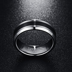Men's 8mm Brushed Finish and Black Center Beveled Edge Tungsten Carbide Ring