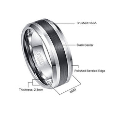 Men's 8mm Brushed Finish and Black Center Beveled Edge Tungsten Carbide Ring