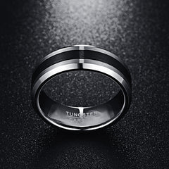 Men's 8mm Brushed Finish and Black Center Beveled Edge Tungsten Carbide Ring
