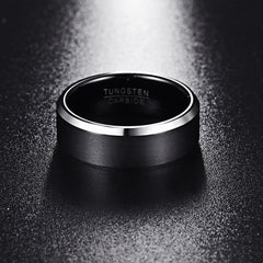 Men's 8mm Black Brushed Beveled Edge Tungsten Carbide Ring