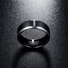 Men's 8mm Black Brushed Beveled Edge Tungsten Carbide Ring