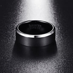 Men's 8mm Black Brushed Beveled Edge Tungsten Carbide Ring