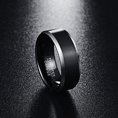 Men's 8mm Black Brushed Beveled Edge Tungsten Carbide Ring