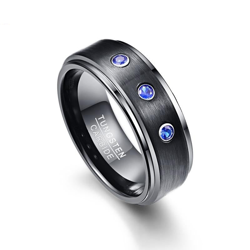 Men's 8mm Blue CZ Brushed Finish Tungsten Carbide Ring