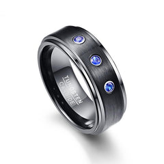 Men's 8mm Blue CZ Brushed Finish Tungsten Carbide Ring
