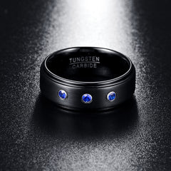 Men's 8mm Blue CZ Brushed Finish Tungsten Carbide Ring