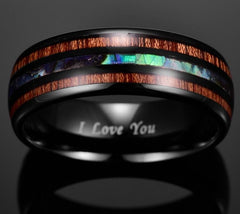 Men's 8mm Electroplated Black Inlaid Acacia Abalone Shell Tungsten Carbide Ring