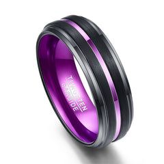 Men's 8mm Black Matte Finish Purple Grooved Small Bevel Tungsten Carbide Ring