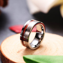Men's 8mm Silver Offset Wood Grain Inlay Tungsten Carbide Ring