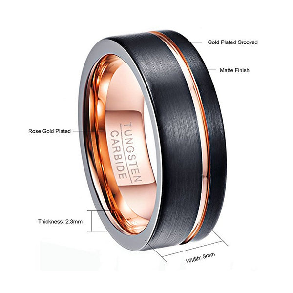 Men's 8mm Black Matte Finish Rose Gold Offset Groove Flat Tungsten Carbide Ring